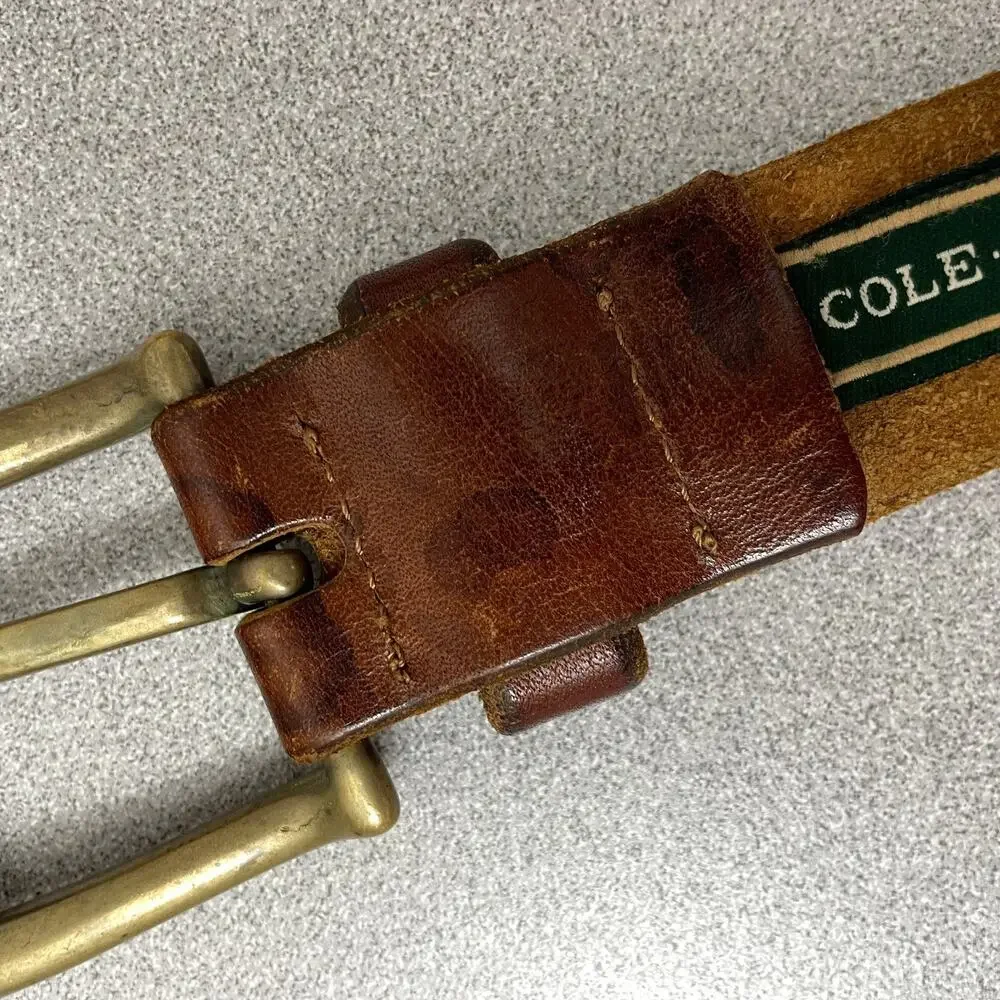 Cole Haan Leather Belt Mens 32 Brown Brass Buckle Stitched Classic Casual Italy
